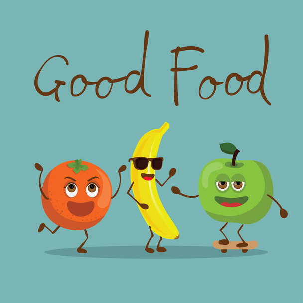 Orange, banana and apple with good food lettering  - Вектор,изображение