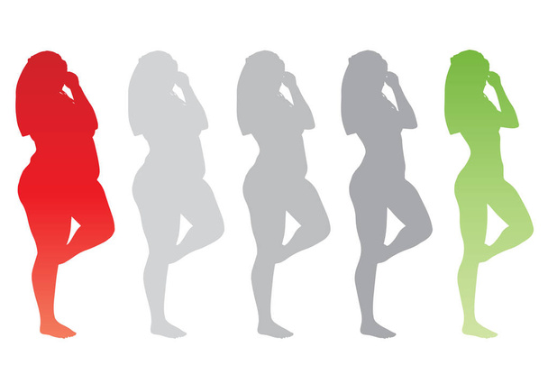 Wektor pojęciowy tłuszczu nadwaga otyłość kobieta vs slim fit zdrowego ciała po odchudzaniu lub diety z mięśnie cienkie kobieta młody na białym tle. Fitness, odżywianie i otłuszczenia otyłość, zdrowie sylwetka kształt - Wektor, obraz