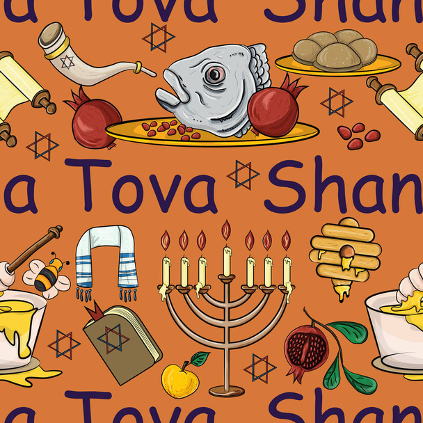 illustration vectorielle de modèle sans couture sur le thème de la nouvelle année juive, Rosh Hashanah, Shana Tova, heureuse et douce nouvelle année, éléments de conception, concept, choses pour la fête, les traditions du peuple
, - Vecteur, image
