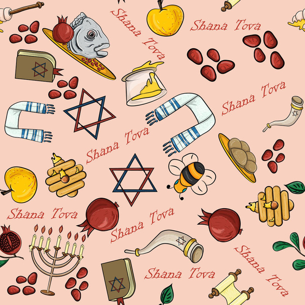 illustration vectorielle de modèle sans couture sur le thème de la nouvelle année juive, Rosh Hashanah, Shana Tova, heureuse et douce nouvelle année, éléments de conception, concept, choses pour la fête, les traditions du peuple
, - Vecteur, image