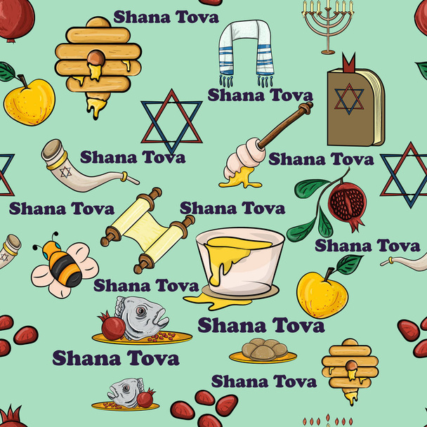 vektorové ilustrace vzor bezešvé na téma židovského nového roku Roš hašana, Shana Tova, šťastný a sladký nový rok, designovými detaily, koncepce, věci na dovolenou, tradice lidu, - Vektor, obrázek