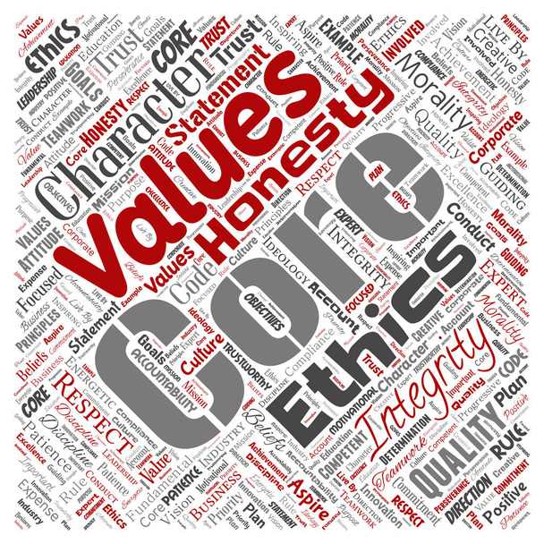 Vector valores do núcleo conceitual ética integridade quadrado vermelho conceito nuvem de palavras fundo isolado. Colagem de honestidade qualidade confiança, declaração, caráter, perseverança, respeito e confiável
 - Vetor, Imagem