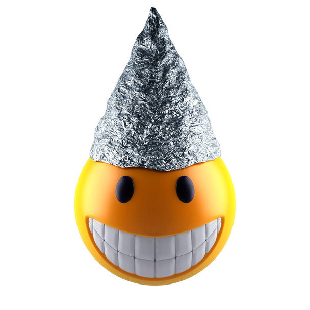 3D-Darstellung einer niedlichen Lächeln-Kugel mit Zinnfolie-Hut - Foto, Bild