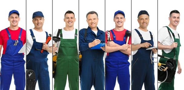Set with professional plumbers and modern tools on white background - Foto, afbeelding