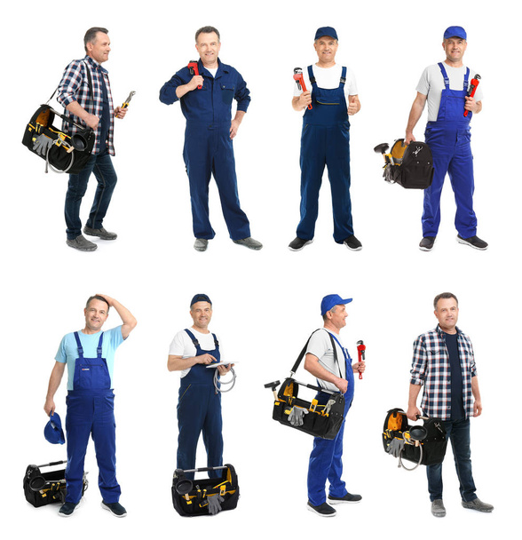 Set with professional plumber and modern tools on white background - Фото, зображення
