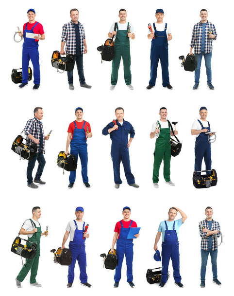 Set with professional plumbers and modern tools on white background - Foto, Bild