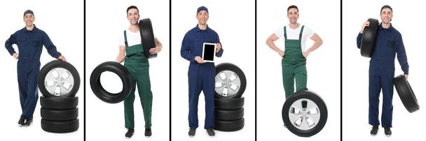 Set with professional mechanic and car tires on white background - Zdjęcie, obraz