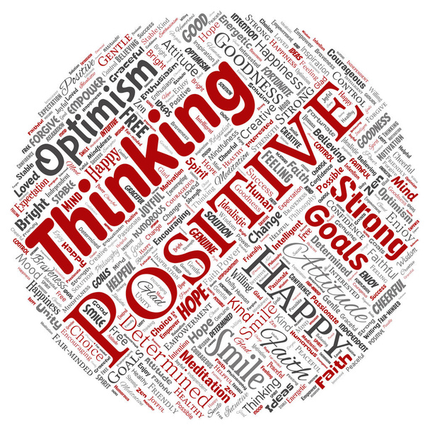 Vektoros fogalmi pozitív gondolkodás, a boldog, erős hozzáállás kerek piros kör szó felhő elszigetelt háttér. Kollázs a mosoly optimizmus, a hit, a bátor célok, a jóság vagy a boldogság inspiráció - Vektor, kép