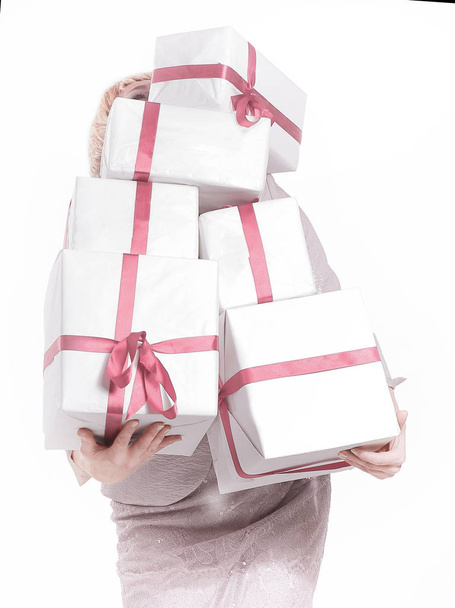 closeup of woman with lots of gift boxes. - Valokuva, kuva