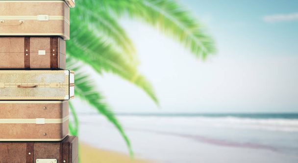 Maletas apiladas sobre fondo borroso de palmera. Concepto de vacaciones y vacaciones. Renderizado 3D
  - Foto, imagen
