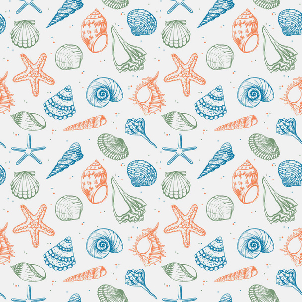 Hand drawn vector illustrations - seamless pattern of seashells. Marine background. Perfect for invitations, greeting cards, posters, prints, banners, flyers etc - Vector, Image