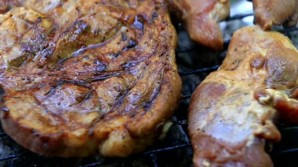 Обжарка свежего мяса на барбекю крупным планом
 - Кадры, видео