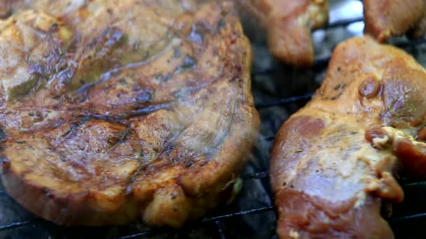 クローズ アップ バーベキューで新鮮な肉を焼く - 映像、動画