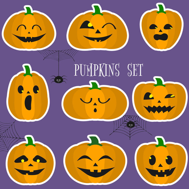 A set of Halloween pumpkins, funny faces in a cartoon style in a white stroke sticker. Spiders and cobwebs. Autumn vacation. Vector illustration EPS10, flat. - Vetor, Imagem