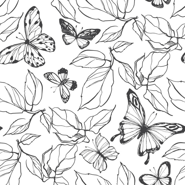 Seamless vector pattern with butterflies and leaves on a white background - Vetor, Imagem