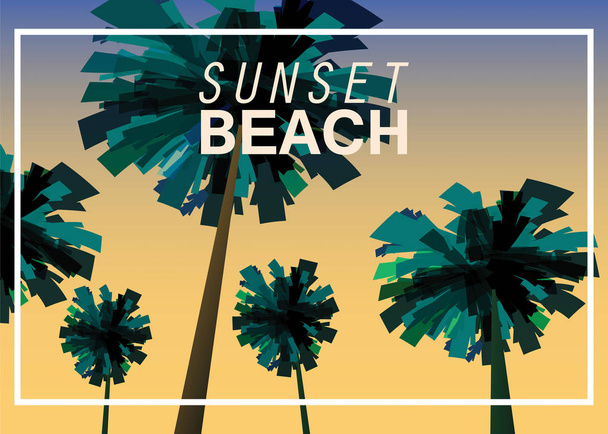 Zachód słońca plaża nad morza, morze pejzaż z palmy, minimalistyczne ilustracja. Seascape wschody i zachody słońca. Tło, na białym tle - Wektor, obraz