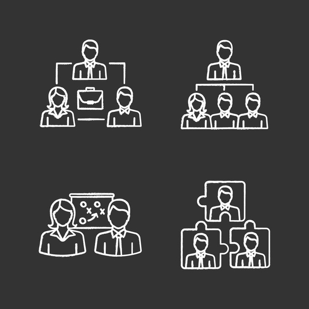 Teamwork chalk icons set. Partnership, professional hierarchy, business strategy, personnel interaction. Isolated vector chalkboard illustrations - Vector, Image