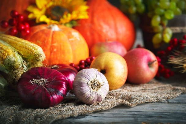 Happy Thanksgiving Day background, wooden table decorated with Pumpkins, Maize, fruits and autumn leaves. Harvest festival. Selective focus. Horizontal. - Valokuva, kuva
