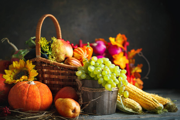 Happy Thanksgiving Day background, wooden table decorated with Pumpkins, Maize, fruits and autumn leaves. Harvest festival. Selective focus. Horizontal. - Photo, image