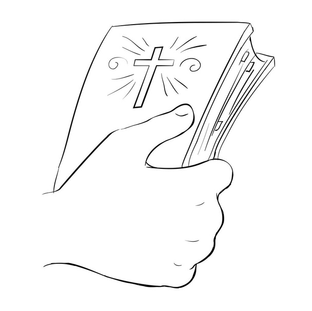 Bíblia na mão do homem - ilustração de contorno
 - Vetor, Imagem