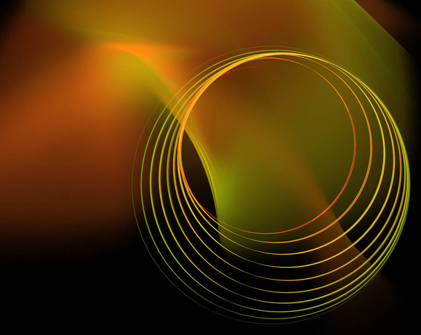 Zelené a oranžové kruhy. Tmavě technologického zázemí. Abstraktní počítač vytvořený moderní fractal design na tmavém pozadí. Abstraktní fraktální texturu. Digitální umění. Abstraktní formě & barvy - Fotografie, Obrázek