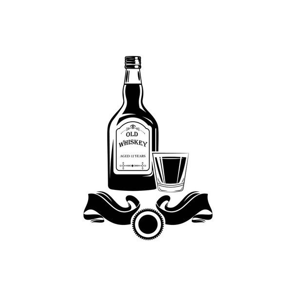 Alcohol Bottle Old Whiskey Drink Drinking Cocktail Bar Pub Bartender Vintage Glass. Vector. - Vector, Image