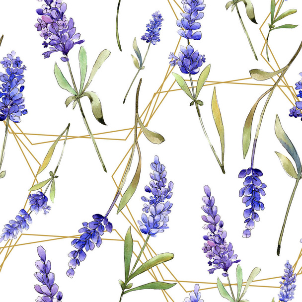 Watercolor purple lavender flowers. Floral botanical flower. Seamless background pattern. Fabric wallpaper print texture. Aquarelle wildflower for background, texture, wrapper pattern. - Zdjęcie, obraz