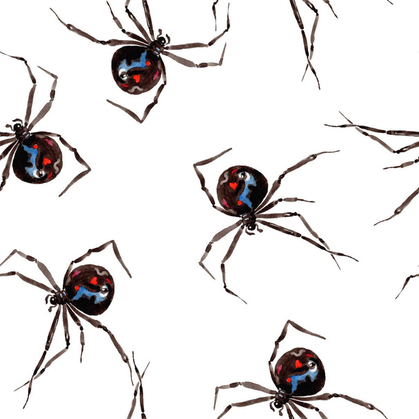 Egzotikus pókok vadon élő rovarok akvarell stílusú. Varratmentes háttérben minta. Szövet nyomtatási textúrát. Az Aquarelle vadon élő rovar a háttér textúra, burkoló minta vagy tetoválás. - Fotó, kép