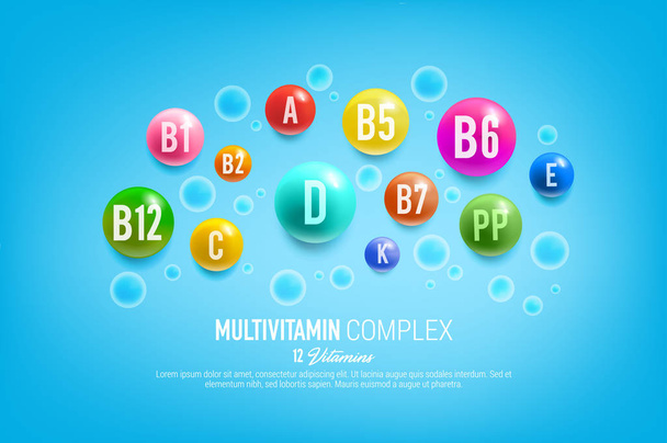 Vitamin complex poster for healthy food and nutrition. Vector 12 multivitamins capsules and minerals pills of dietary supplement for pharmacy advertisement or vitamins package design - Vector, Image