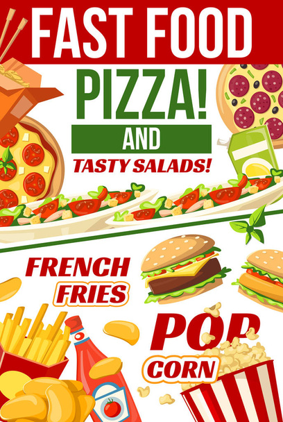 Comida rápida pizza, palomitas de maíz y patatas fritas menú de bocadillos
 - Vector, imagen
