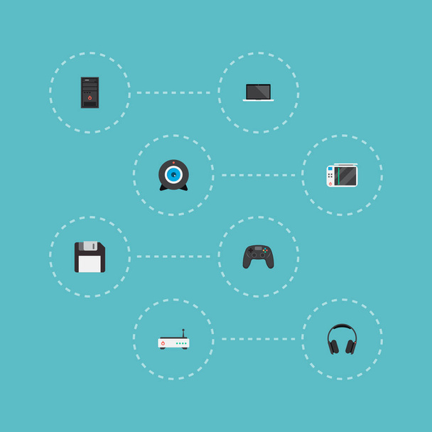 Set di icone per PC simboli in stile piatto con floppy disk, fotocamera, modem e altre icone per il design del logo dell'app mobile web
. - Vettoriali, immagini