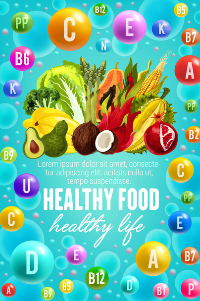 Vitamins in vegetables, fruits and nuts food - Vector, Image