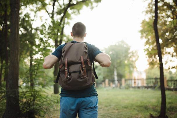 Backpack on a man, rear view of male tourist hiking travelling in park - Zdjęcie, obraz