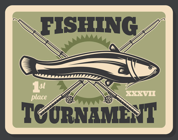 Fishing tournament fish and rods vector poster - Vector, Image