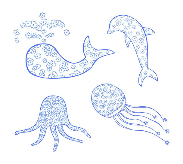 Dolphin, octopus, whale, jellyfish. Vector black illustrations. Isolated on white background. Hand drawn design element for web and poster - Vektor, kép