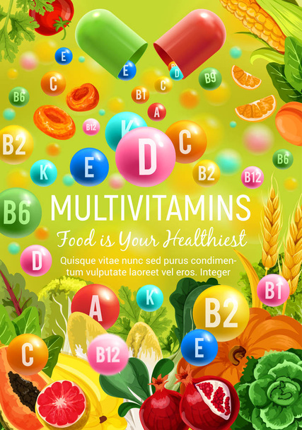 Multivitamins and minerals in vegetables, fruits - Vector, Image