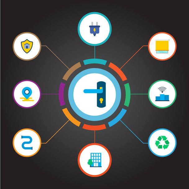 Készlet-ból technológiai ikonok lapos stílusú szimbólumok a védelmi, épület, ajtó zárat és más ikonok a webes mozgatható app logo tervezés. - Fotó, kép