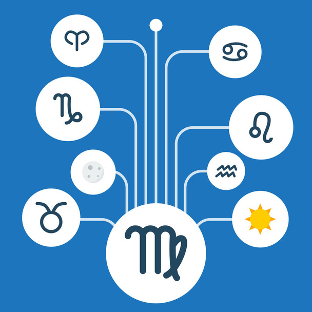 Zestaw symboli płaski ikony Astrologia aries, Panna, słońce i inne ikony dla projektu logo mobilnych aplikacji sieci web. - Zdjęcie, obraz