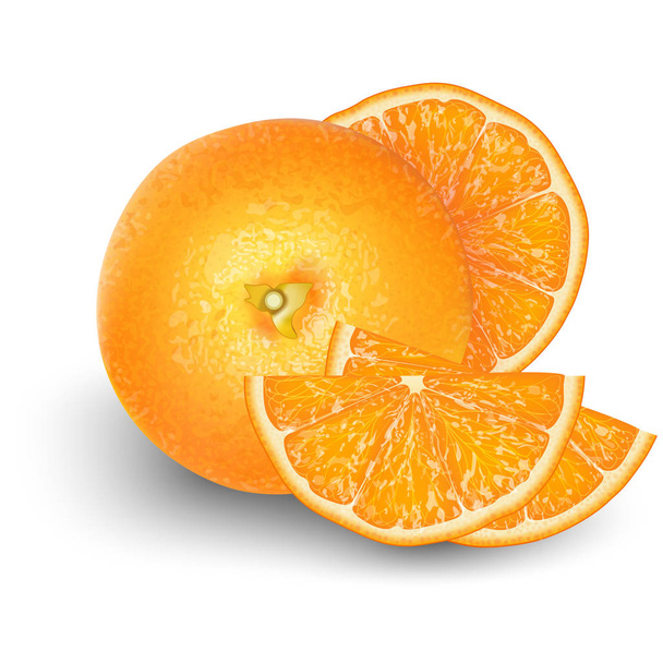 オレンジ色の果物のフレッシュ ジュース。3 d リアルなオレンジ熟した柑橘類包装または web デザインのための白い背景に分離されました。ベクター Eps 10.  - ベクター画像