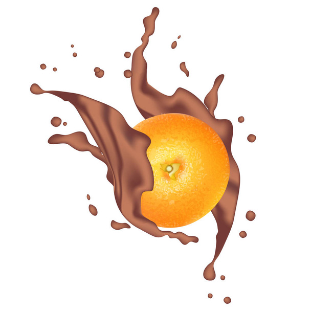 Chocolate splash with orange. Milk chocolate, cacao. 3d realistic orange ripe citrus isolated on white background for packaging or web design. Vector EPS 10.  - Vector, Image