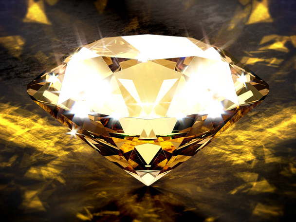 Close-up on a diamond on a black concrete plane with golden caustic light effects - Photo, Image