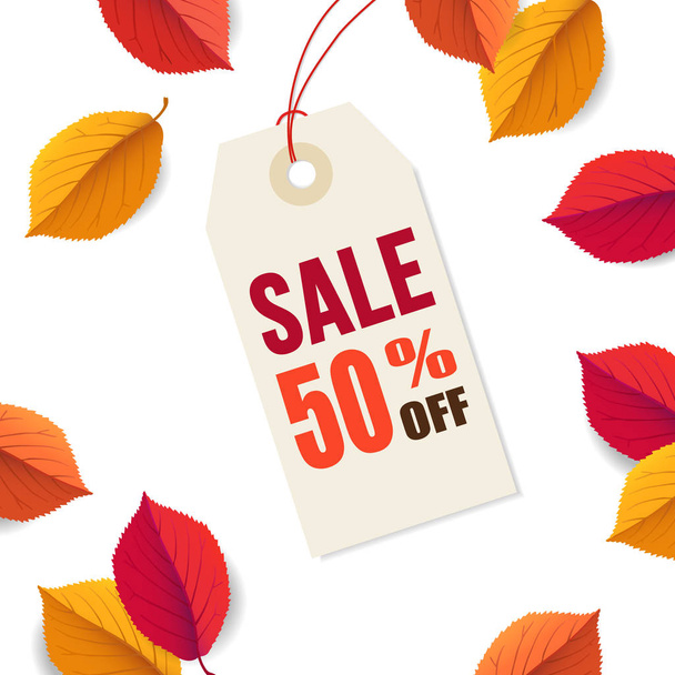 Autumn sale 50 off, tag template. Falling bright colorful leaves isolated on white background. Poster, card, label, web banner. Seasonal Thanksgiving design. Vector illustration background. - Vetor, Imagem