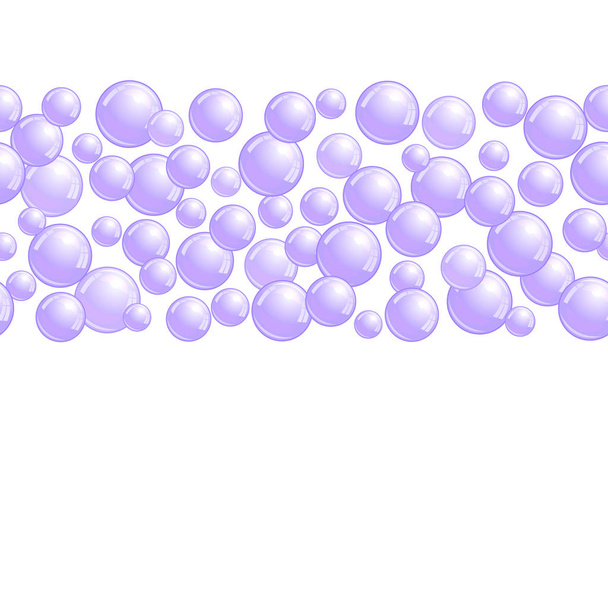 horizontale dekorative Linie mit Seifenblasen, Hintergrund mit realistischen Wasserperlen, lila Klecksen, Vektorschaumkugelillustration - Vektor, Bild