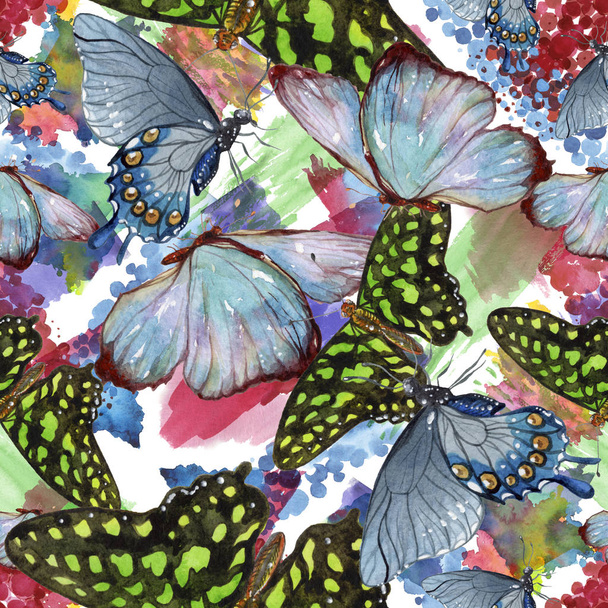Exotic butterflies wild insect in a watercolor style. Seamless background pattern. Fabric wallpaper print texture. Aquarelle wild insect for background, texture, wrapper pattern or tattoo. - Photo, Image