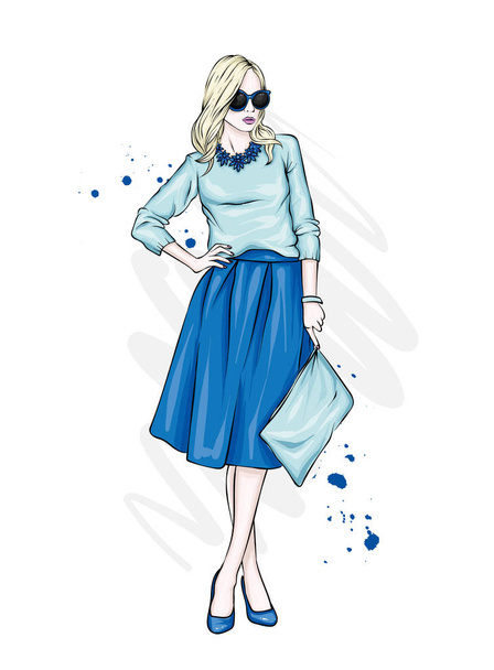 A beautiful, tall girl with long legs in a stylish skirt, glasses, blouse and in high heeled shoes. Fashionable look. Clothes and accessories. Vector illustration. - Vektori, kuva