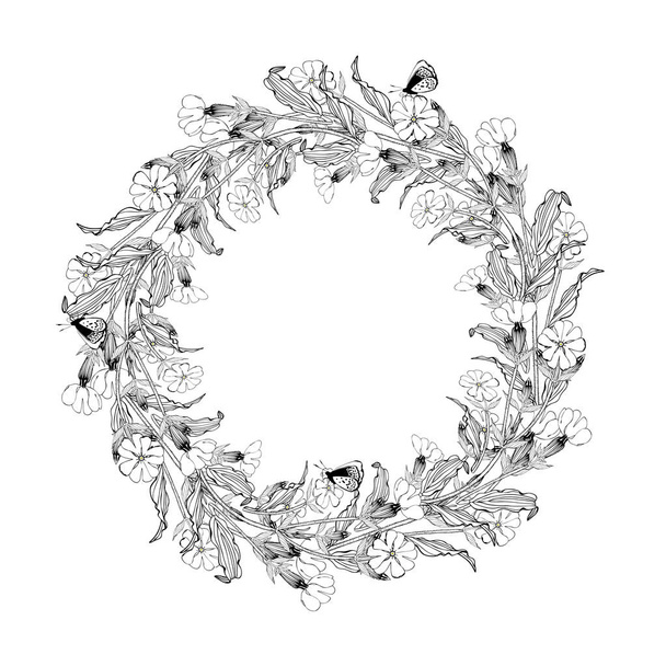 White campion flowers round wreath on white - Vector, Image