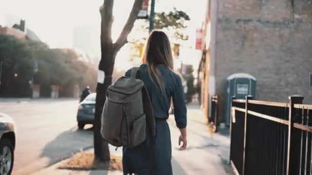 Back view of young stylish woman with backpack walking alone on sunset in summer, spending time in downtown. - 映像、動画