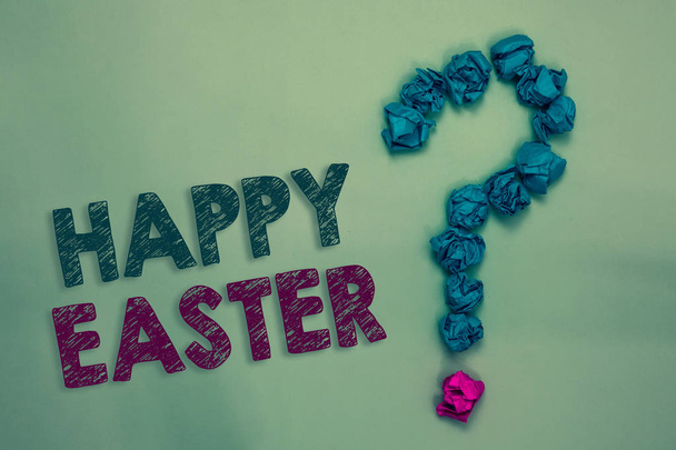 Text sign showing Happy Easter. Conceptual photo Christian feast commemorating the resurrection of Jesus Crumpled papers forming question mark several tries unanswered doubt - Photo, Image