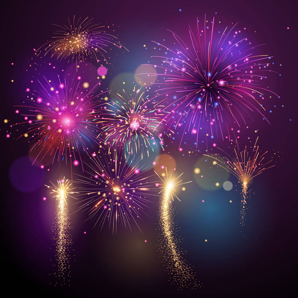 Firework vector illustration in various shapes sparkling colorful background - Vector, Image