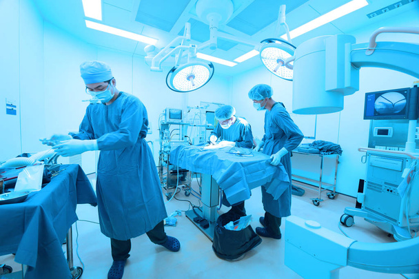 grupo de cirurgia veterinária na sala de operação tomar com iluminação de arte e filtro azul
 - Foto, Imagem